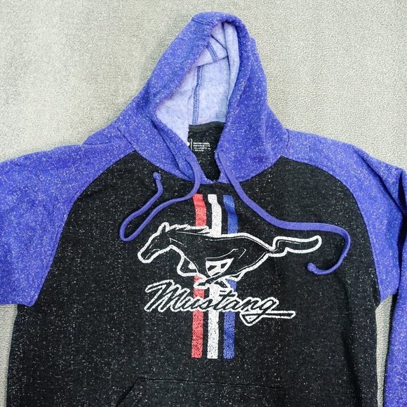 Ford Sweatshirt Hoodie Men Size Medium Mustang Logo Blue Black Drawstring - Picture 2 of 5